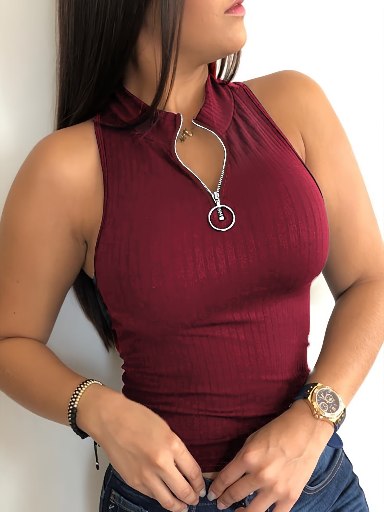 Zip Up Solid Tank Top, Casual Ribbed Sleeveless Tank Top For Summer, Women's Clothing